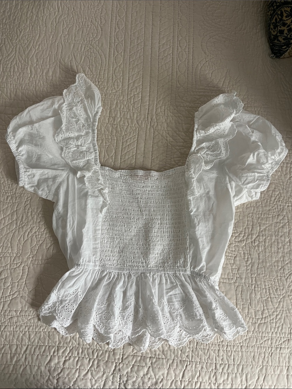 White Smocked Eyelet Ruffle Peasant Top